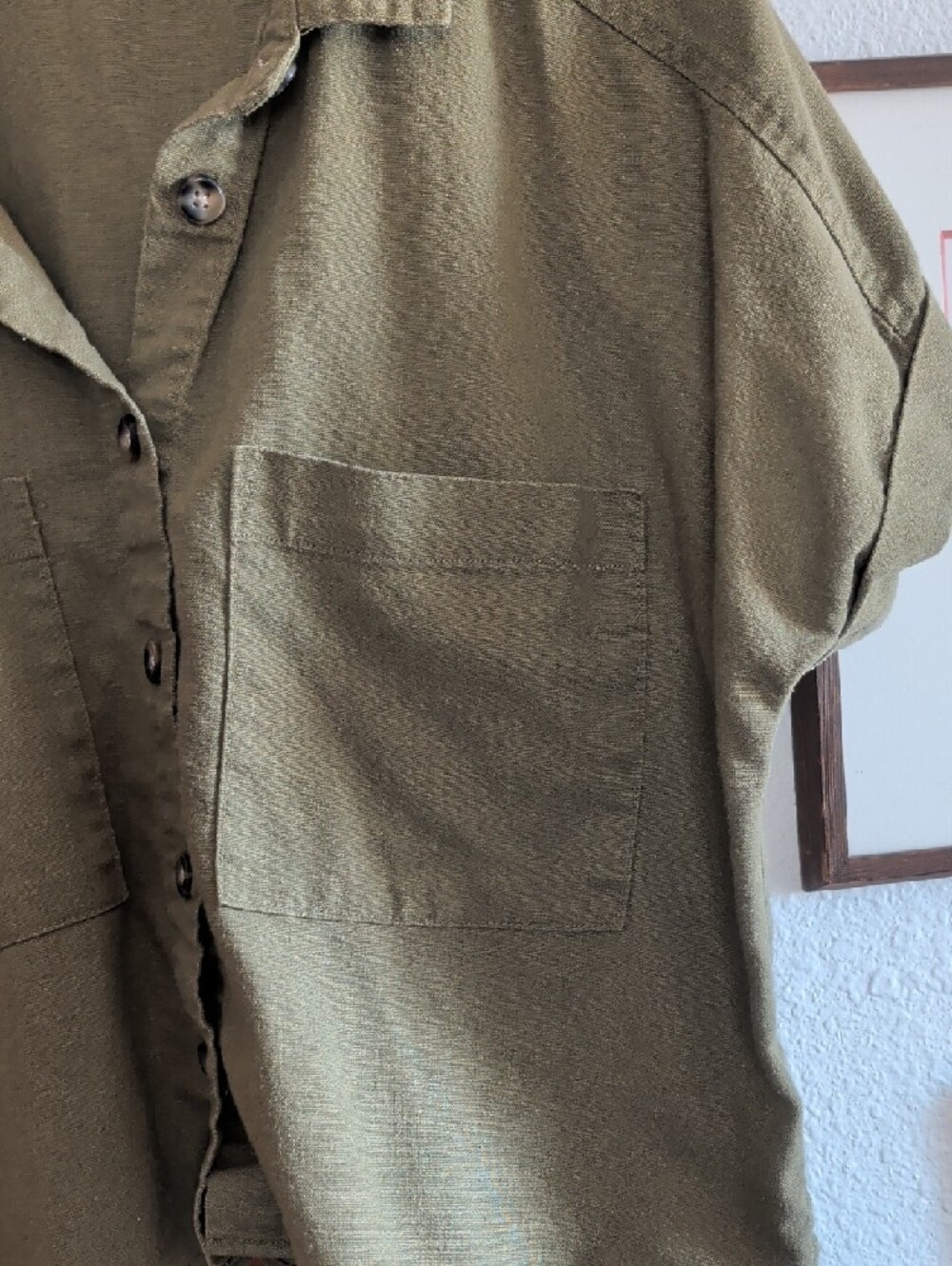 Olive Green Linen Blend Button-Front Crop Shirt - Picture 5 of 6
